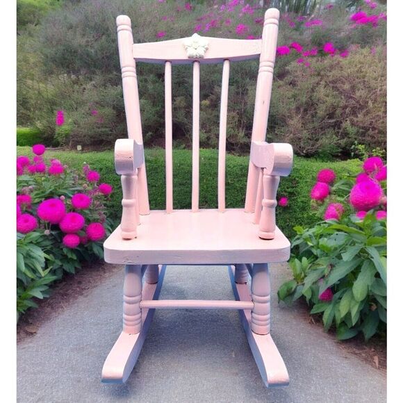 Wooden Rocking Chair Doll Size Pink White Flower Victorian 10in Plant Decoration